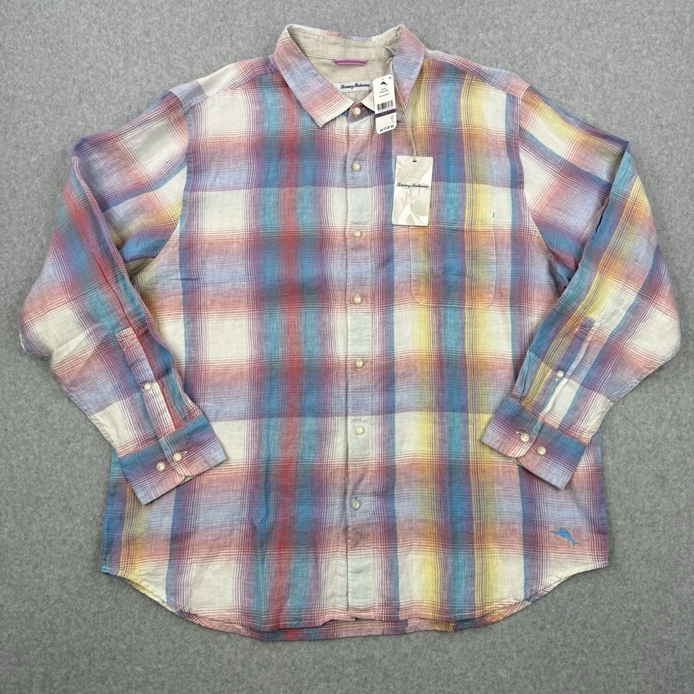 Tommy Bahama Shirt Mens 2XL Multicolor Plaid Linen Button Up Long Sleeve Beach